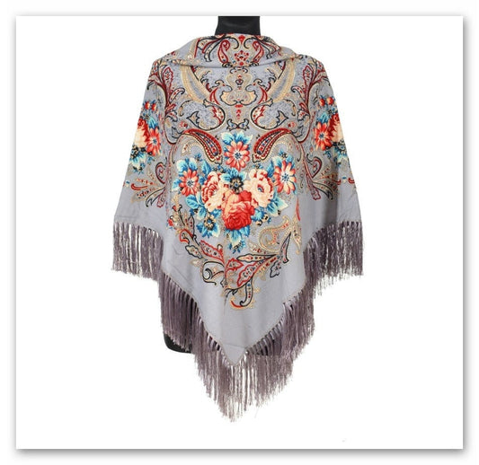 Big folk SCARF shawl with flowers and fringes, vintage scarf,  folk pattern POLISH scarves fashion colors