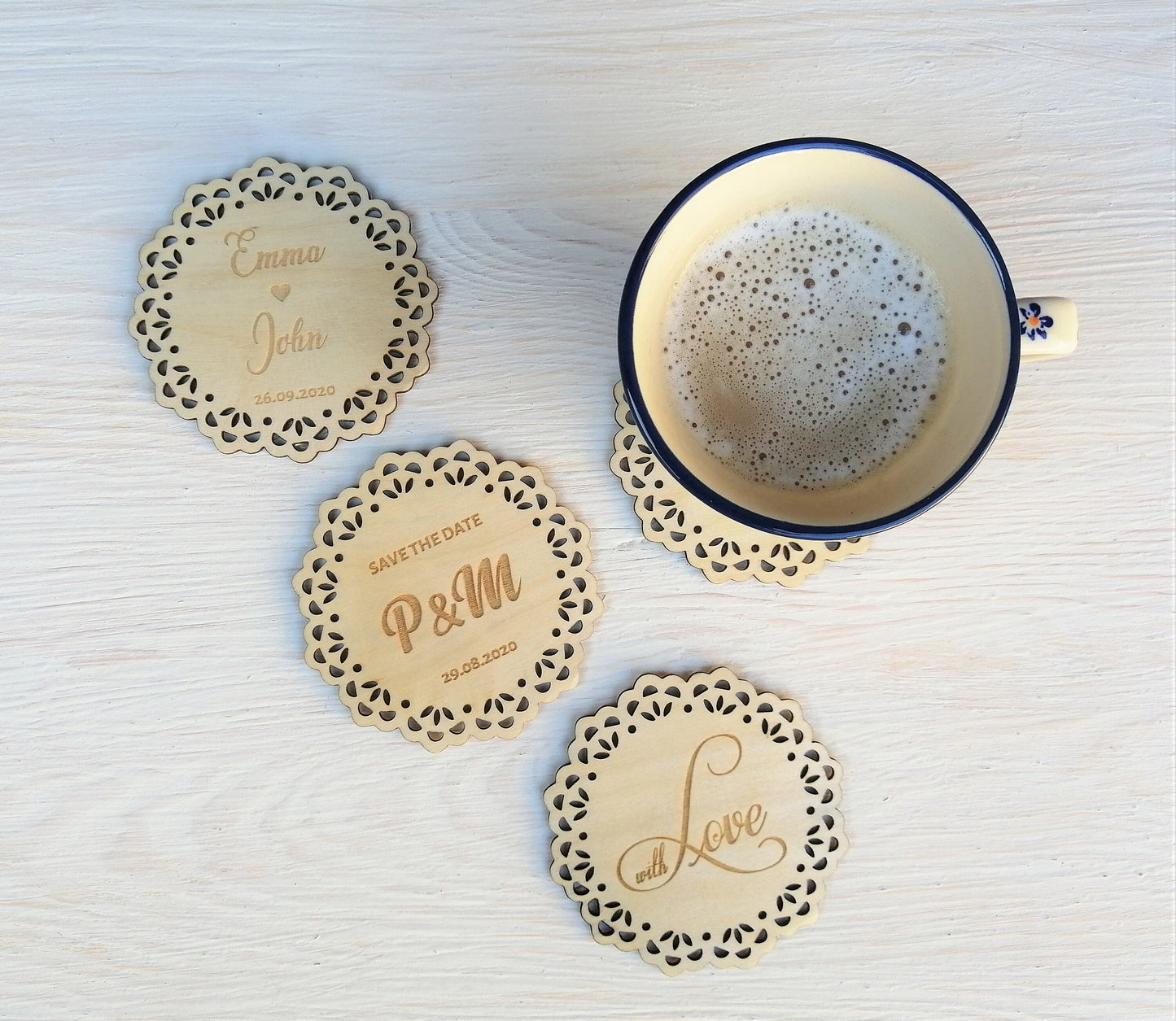 Personalized Engraved Coasters, lace , Wedding guests gift - Wedding accessory, Wooden Coasters Rustic Wedding Favors, vintage cup Coaster