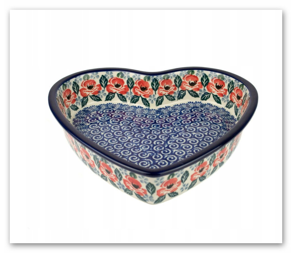 Ceramic Heart dish, hand-painted ceramic plate, polish stoneware Boleslawiec, wedding gift ,vintage platter rustic Bunzlau pottery
