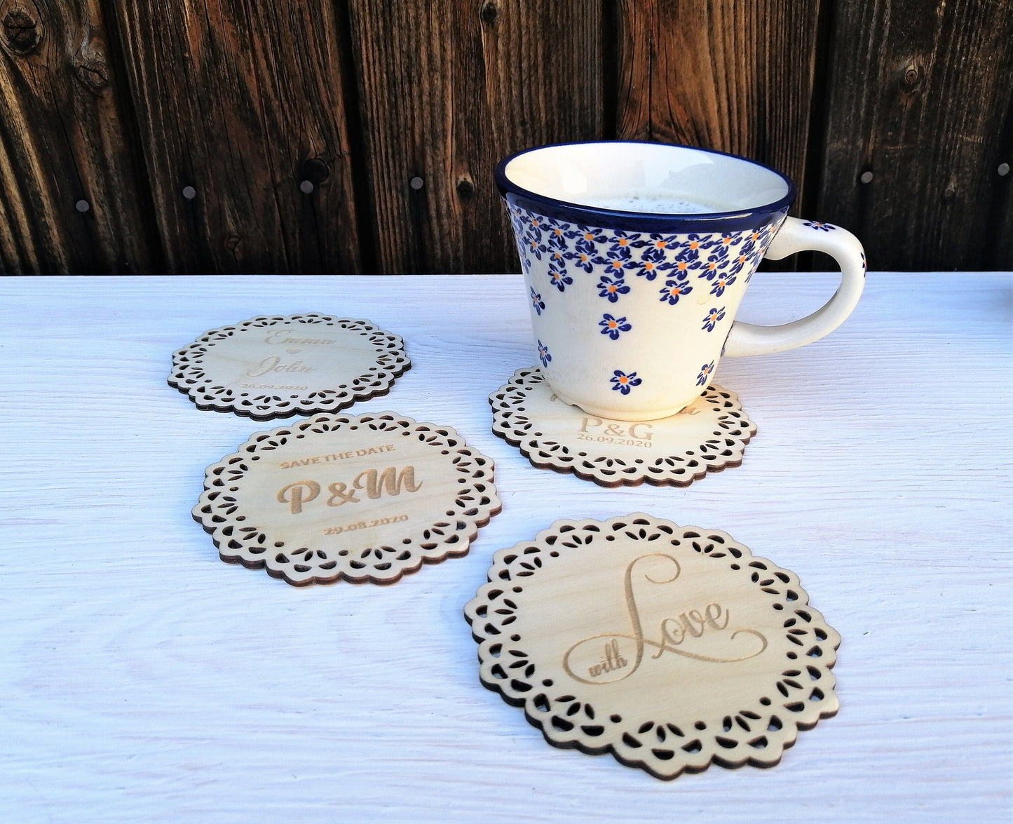 Personalized Engraved Coasters, lace , Wedding guests gift - Wedding accessory, Wooden Coasters Rustic Wedding Favors, vintage cup Coaster