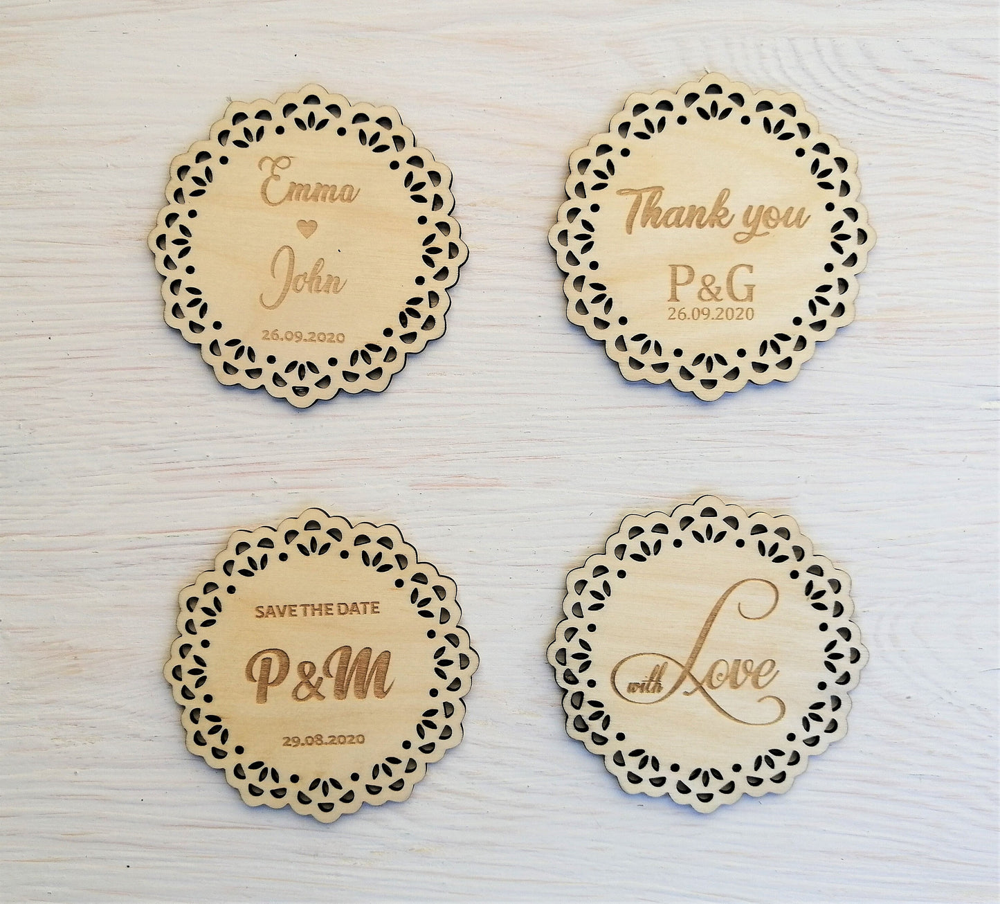 Personalized Engraved Coasters, lace , Wedding guests gift - Wedding accessory, Wooden Coasters Rustic Wedding Favors, vintage cup Coaster