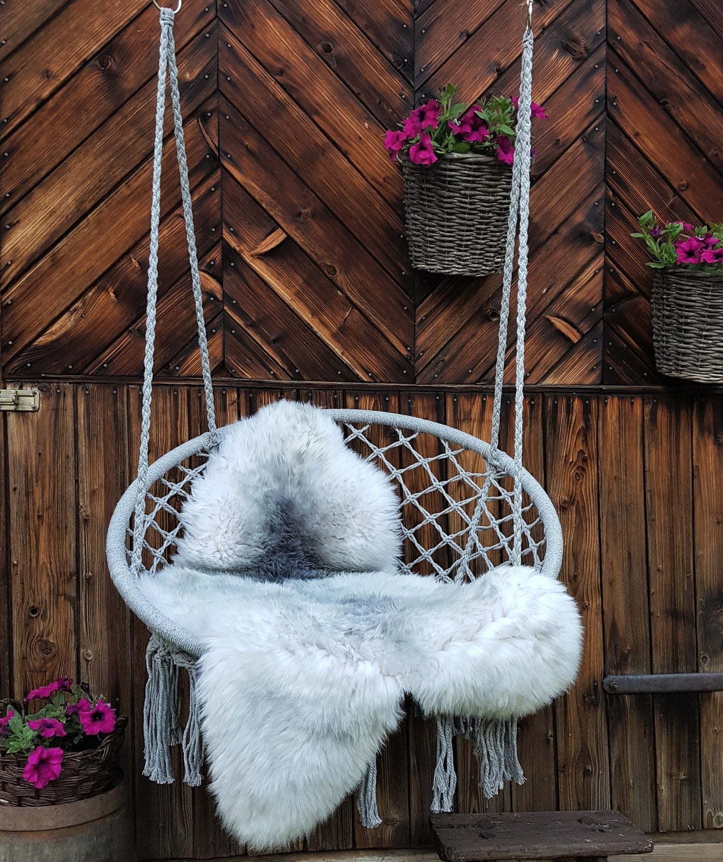 Hanging chair and sheepskin, Hammock + sheepskin, Boho styl, romantic hammock chair,  Macramé Swing, Garden chair, Bedroom swing