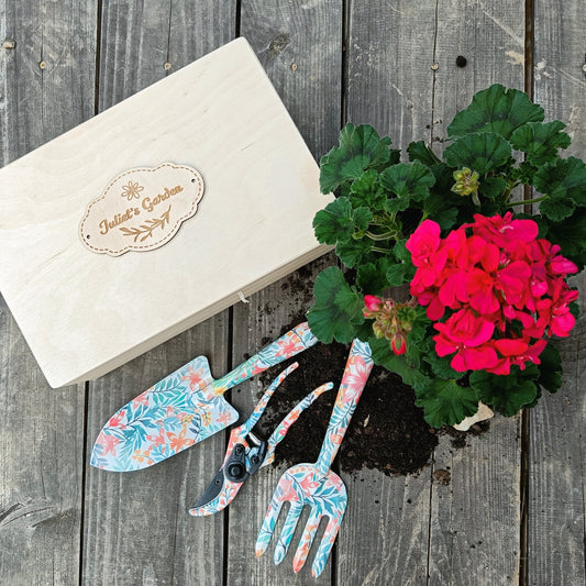 Beautiful Garden Tools Set with Personalized Wooden Box | Hand Tool Gift Kit | Outdoor Gardening Tools for Gardener | Gift for Mother's Day