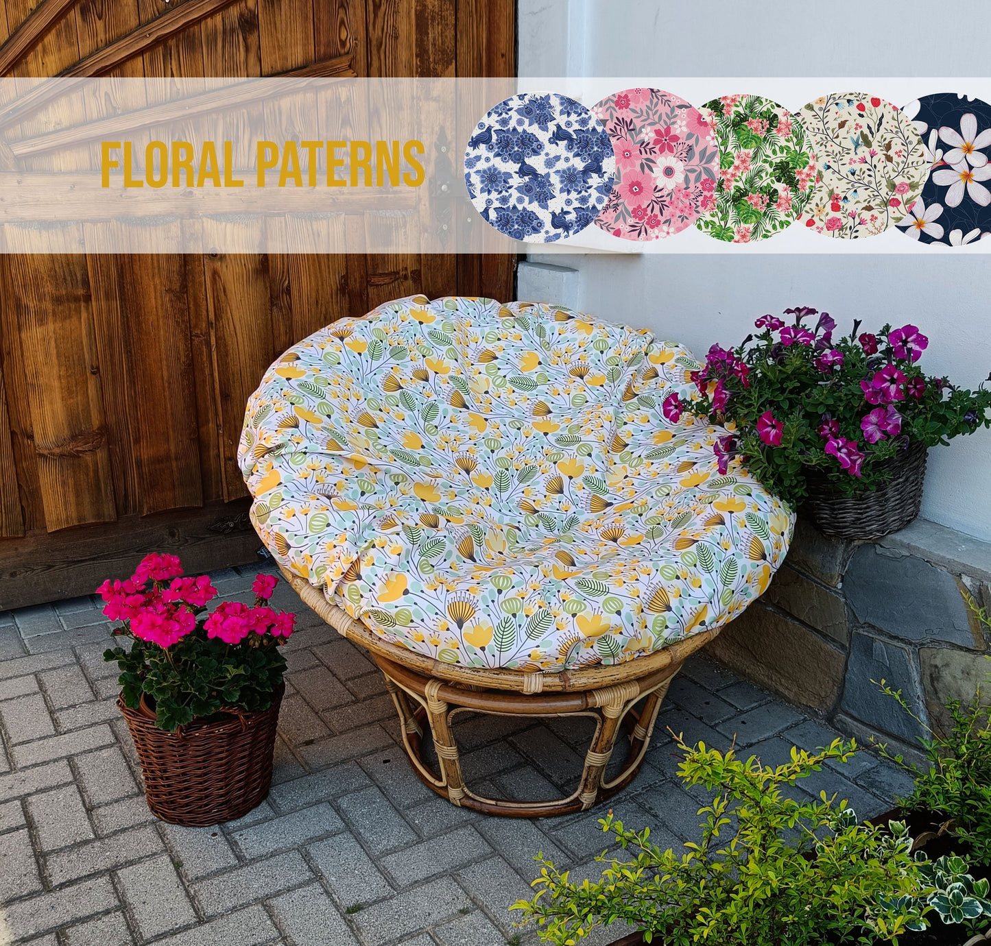 Zippered Water Resistant Cushion SLIPCOVER | Outdoor Papasan Cover ONLY |  Washable Outdoor Pillowcase for Papasan Cushion| Floral Patterns