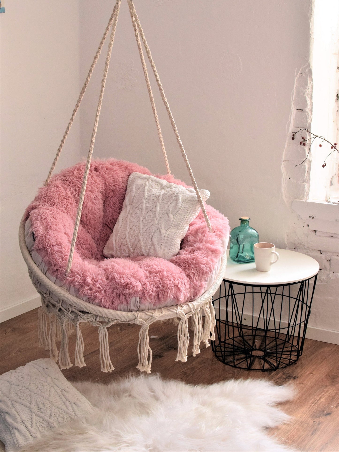 Hanging Chair + Soft Fluffy Pillow + fixing of a swing, macrame swing and Shaggy cushion, Boho Home Swing, hanging chair for the bedroom