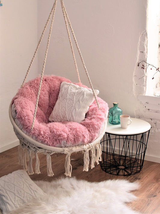 Hanging Chair + Soft Fluffy Pillow + fixing of a swing, macrame swing and Shaggy cushion, Boho Home Swing, hanging chair for the bedroom