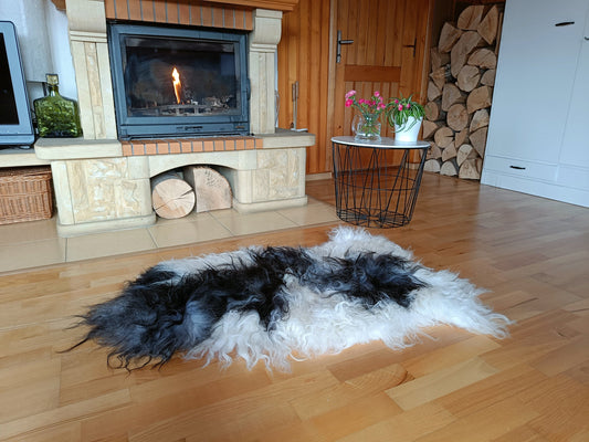 Real Sheepskin Black&White | Long Hair Real sheepskin floor covering rug | Unbleached sheepskin runner| Fur Rug Sofa Chair Cover Seat Pad