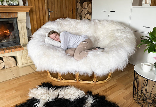 Luxurious Genuine Sheepskin Mamasan Double Papasan Cushion - Soft and Cozy Seat Pad Warm Seating | Pad for Two | Fluffy Rattan Chair Cushion