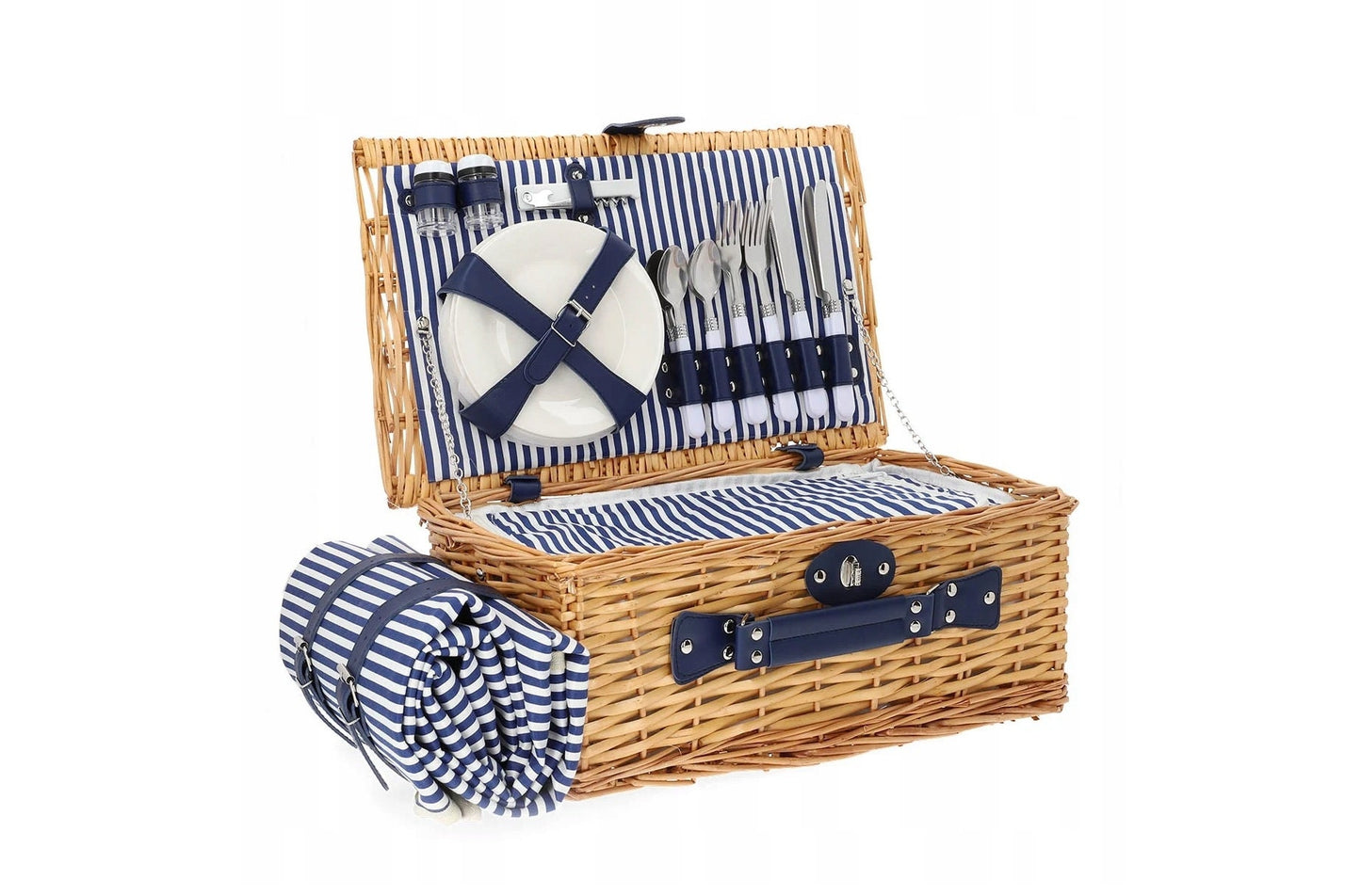 A Wicker Picnic Basket for 4 with Stripes with Cutlery Glass Set | Personalization Basket Gift for anniversaries, weddings, picnic, outdoor