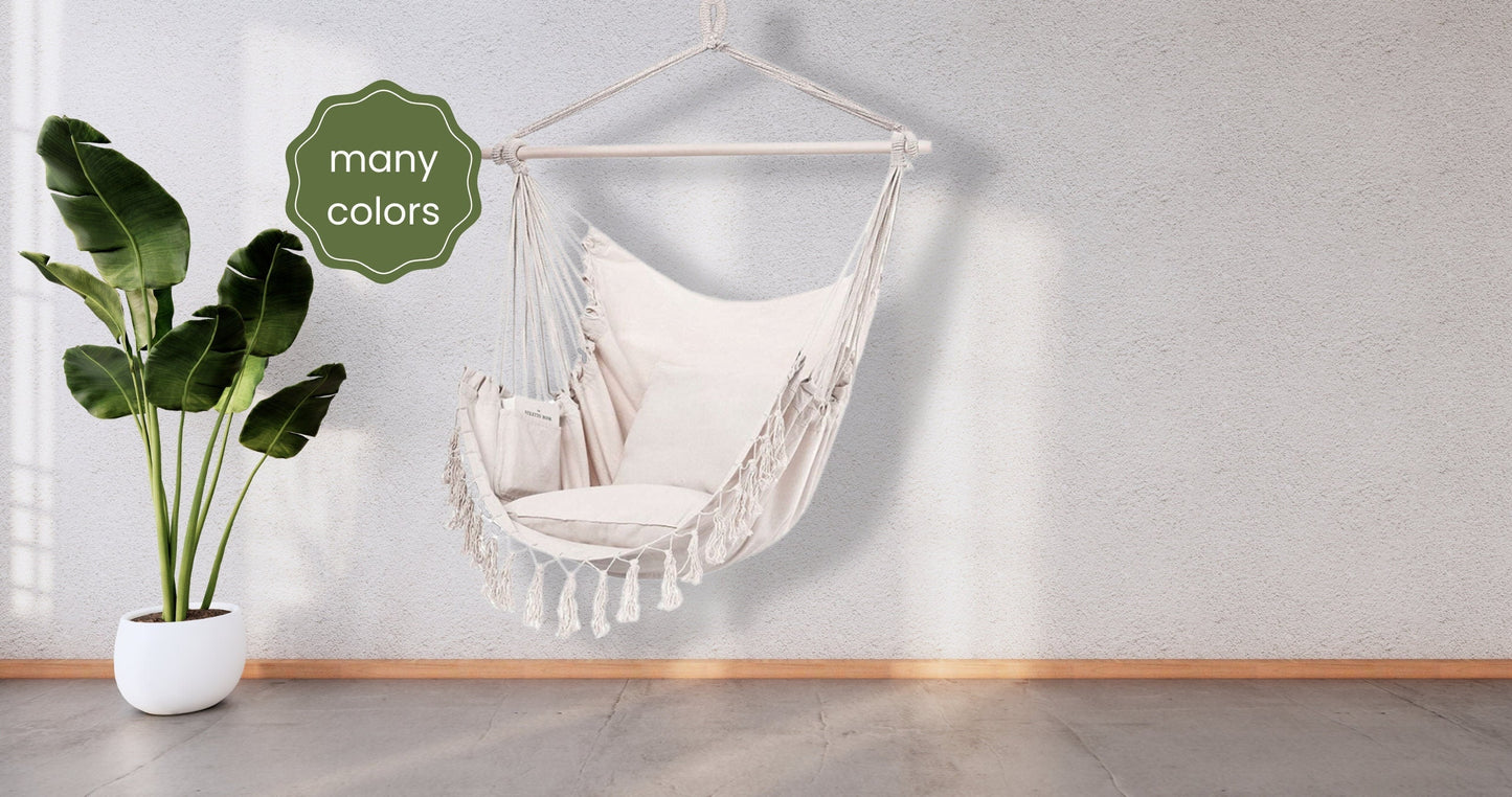 Macrame Hanging Chair | Boho Hammoc|  2 pillows | cotton Hanging chair, Macramé Swing, Patio hammock, Brazilian Garden chair, Bedroom swing