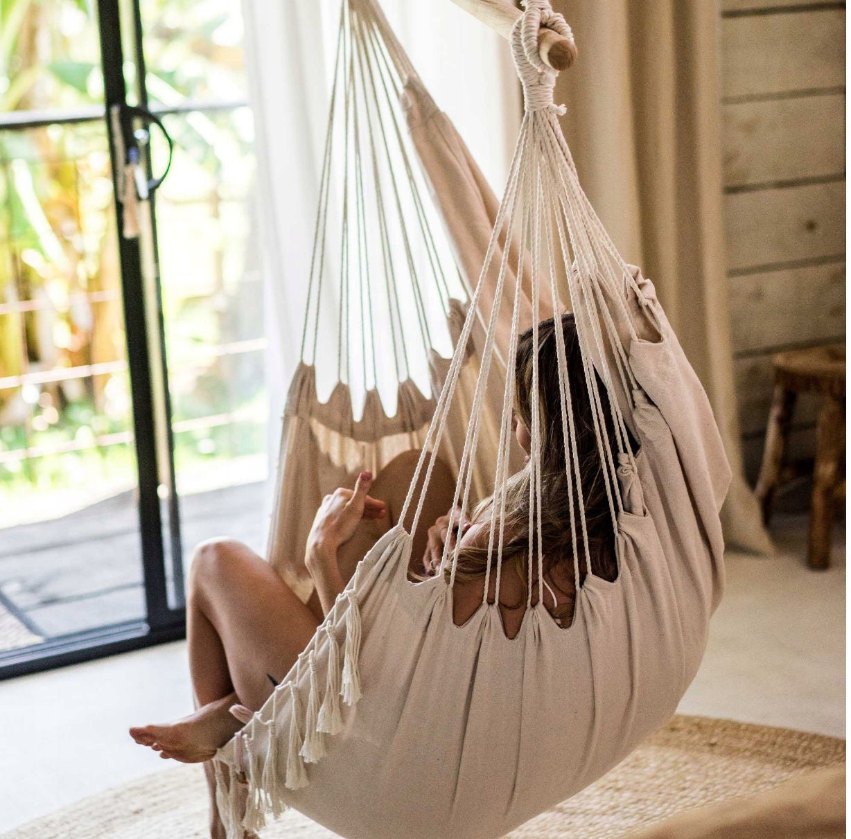 Hammock chair, 2 pillow, Boho styl, cotton Hanging chair, Macramé Swing, Terrace hammock, Brazilian Garden chair, Bedroom swing