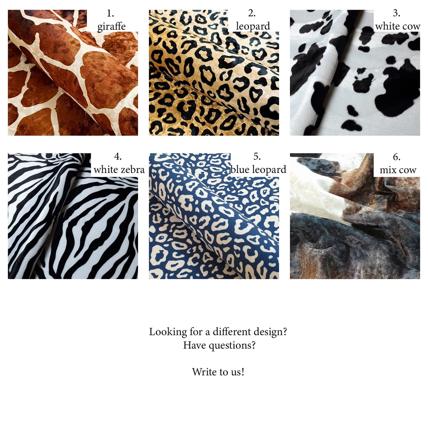 Upholstery animal fabric | animal fabric patterns | Upholstery fabric | 6 patterns | giraffe | zebra | leopard | white cow | mix cow