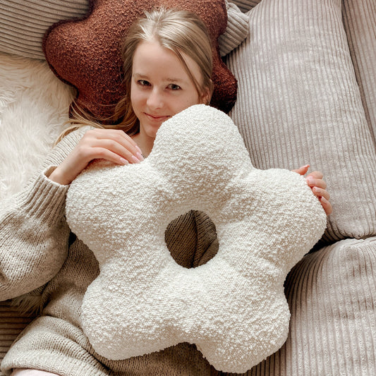 Boucle Flower Throw Pillow | Teddy Boho Decorative Pillow | White aesthetic pillow | accent pillows | Teddy flower shaped pillow Nursery