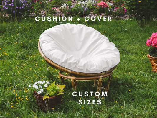 Custom Sizes Round Cushion + Cover for Rattan Papasan Chair | Washable Pillowcase | Round Floor decorative White Large Pad Cushion & Cover